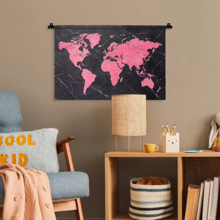 Wereldkaart - Roze - Marmer Wandkleed katoen klein -wsfeer4_kind