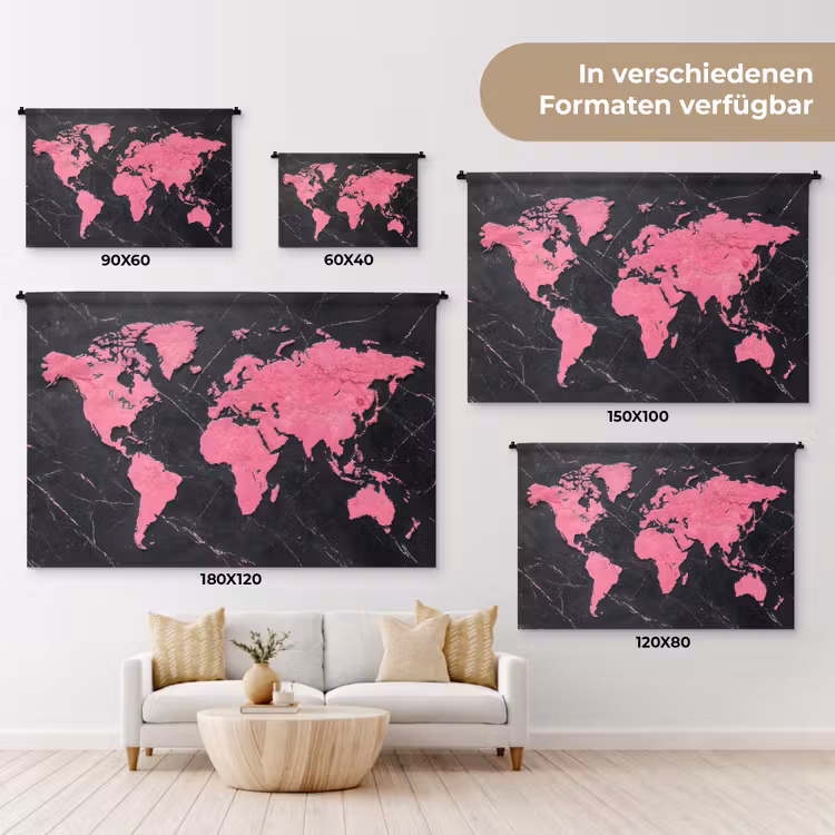 Wereldkaart - Roze - Marmer Wandkleed katoen klein -tsfeer8_DE