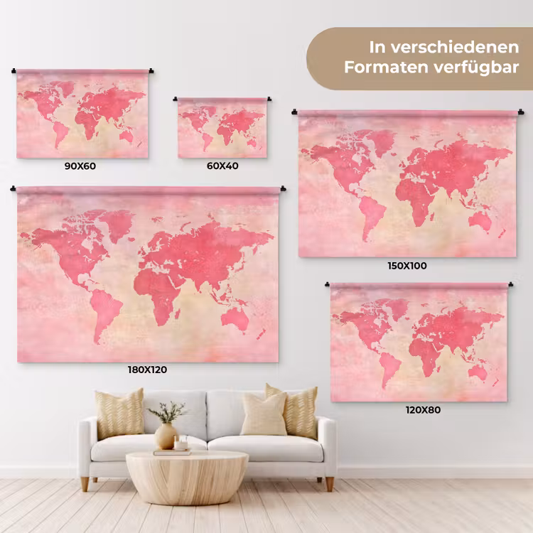Wereldkaart - Roze - Vaag Wandkleed katoen klein -tsfeer8_DE