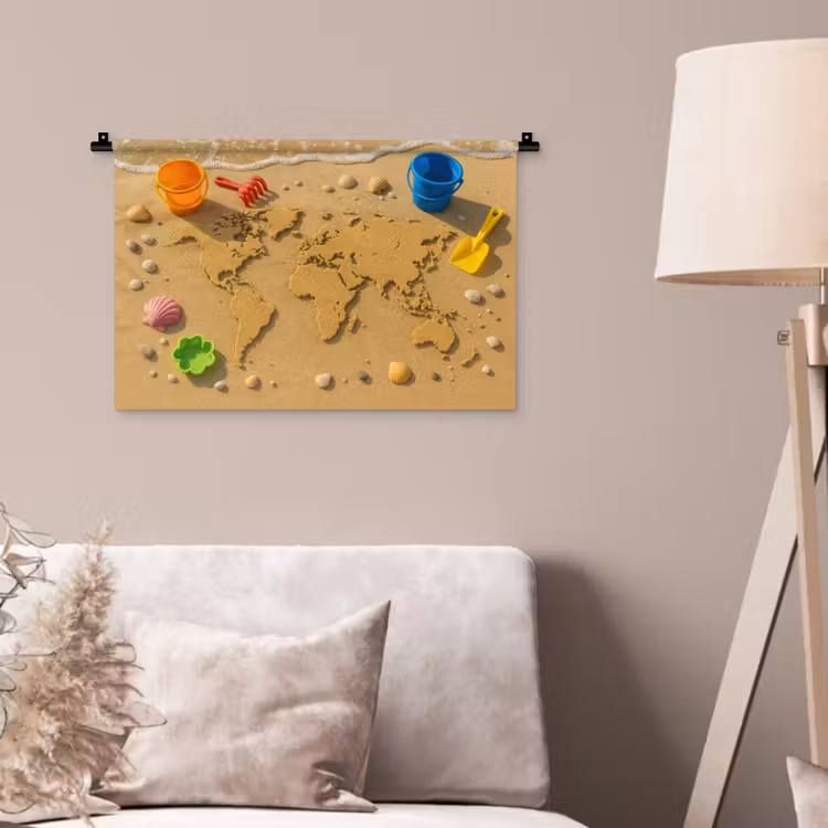 Wereldkaart - Zand - Kleurrijk - Zomer Wandkleed katoen klein -sfeer4