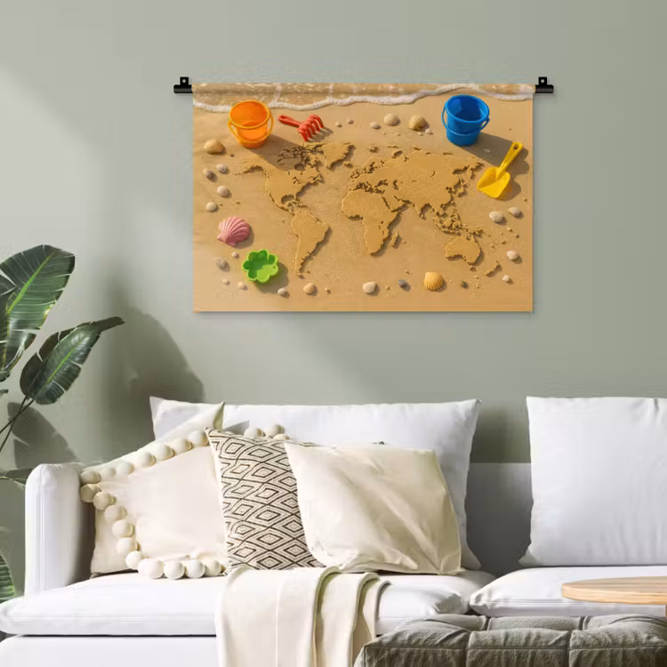 Wereldkaart - Zand - Kleurrijk - Zomer Wandkleed katoen klein -sfeer7