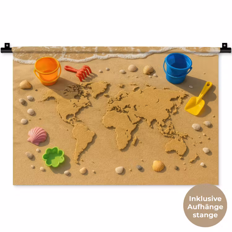 Wereldkaart - Zand - Kleurrijk - Zomer Wandkleed katoen klein -t3d_DE