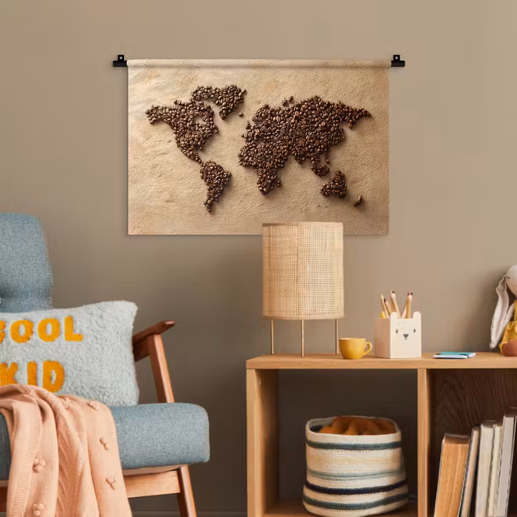 Wereldkaart - Zandkleur - Koffiebonen Wandkleed katoen klein -wsfeer4_kind