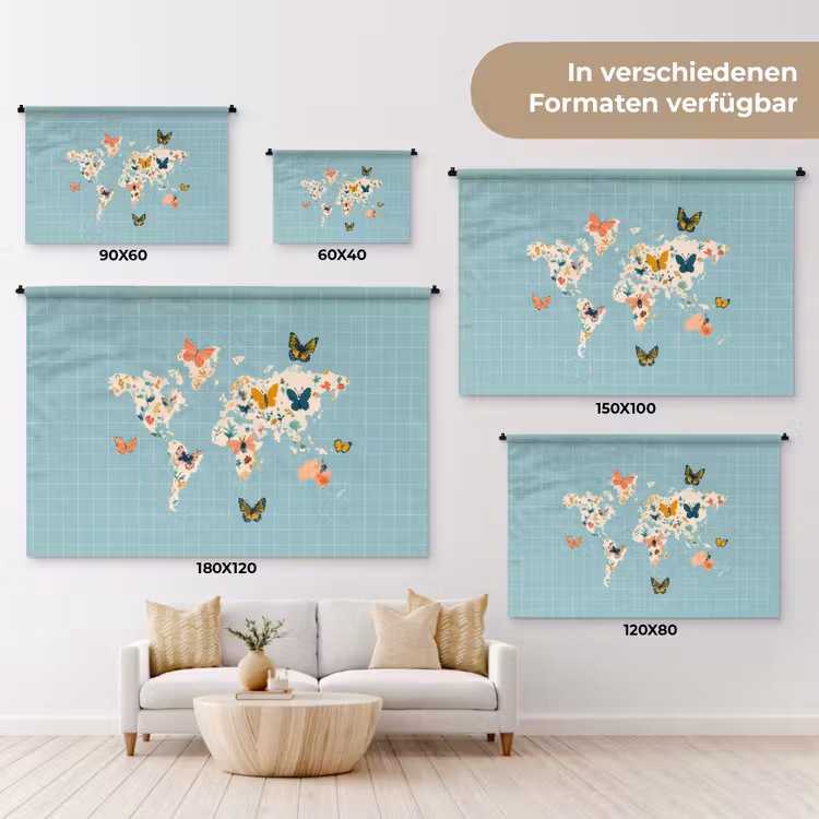Wereldkaart - Vlinders - Dromerig Wandkleed katoen klein -tsfeer8_DE