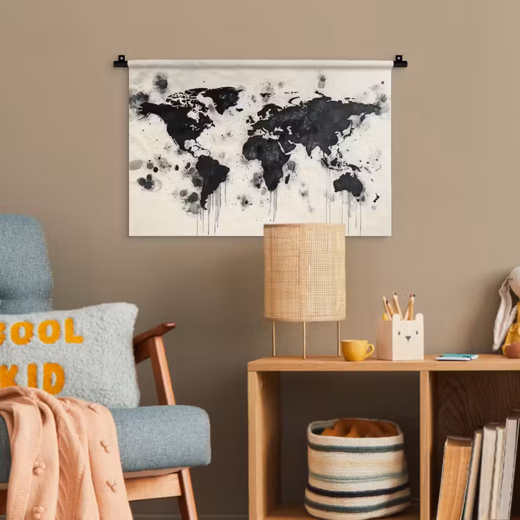 Wereldkaart - Zwart - Inkt Wandkleed katoen klein -wsfeer4_kind