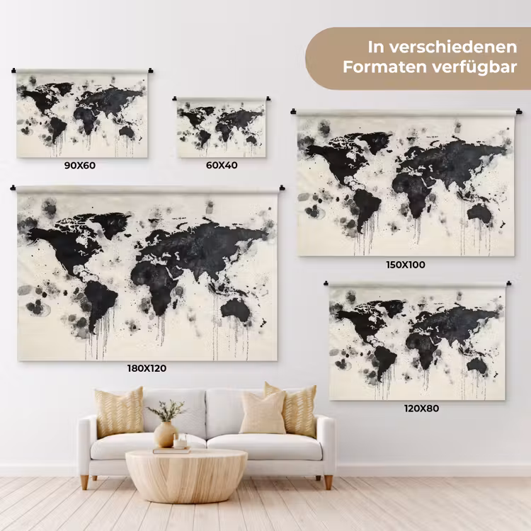 Wereldkaart - Zwart - Inkt Wandkleed katoen klein -tsfeer8_DE
