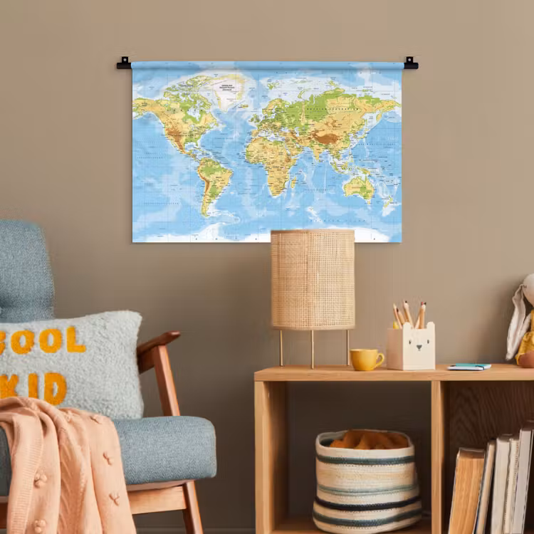 Wereldkaart - Staatkundig - Blauw - Aarde - Educatief Wandkleed katoen klein -wsfeer4_kind