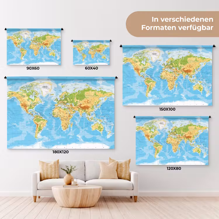 Wereldkaart - Staatkundig - Blauw - Aarde - Educatief Wandkleed katoen klein -tsfeer8_DE