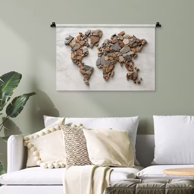 Wereldkaart - Stenen - Wit Wandkleed katoen klein -sfeer7