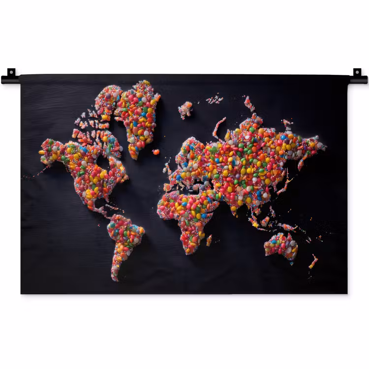 Wereldkaart - Snoepjes - Felle kleuren Wandkleed katoen klein -zz3d