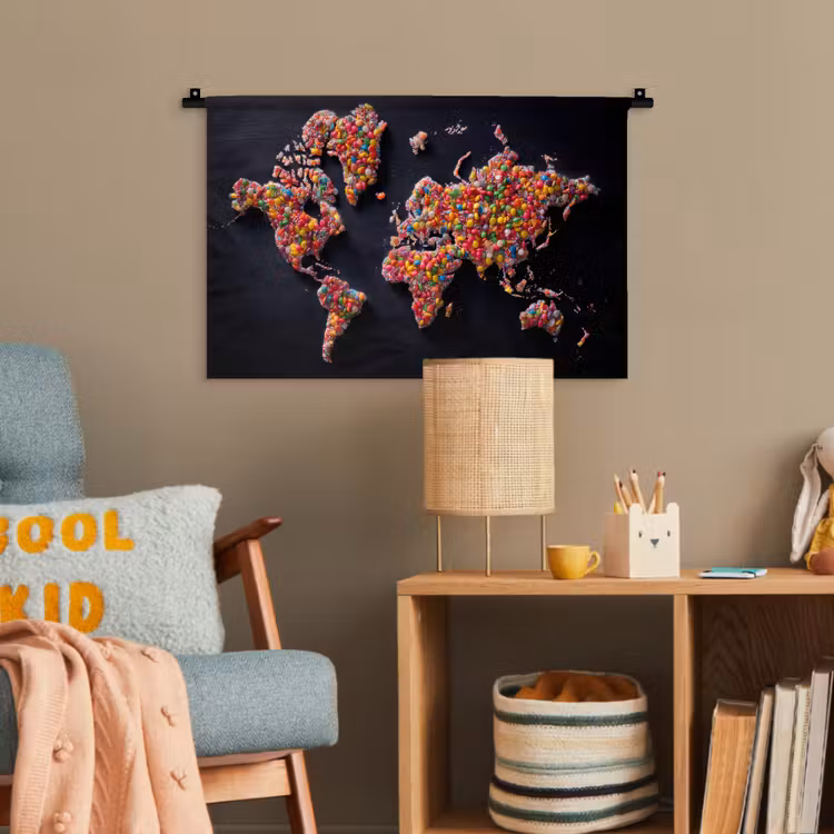 Wereldkaart - Snoepjes - Felle kleuren Wandkleed katoen klein -wsfeer4_kind