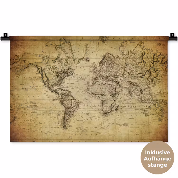 Wereldkaart - Vintage - Antiek - Bruin - Papier Wandkleed katoen klein -t3d_DE