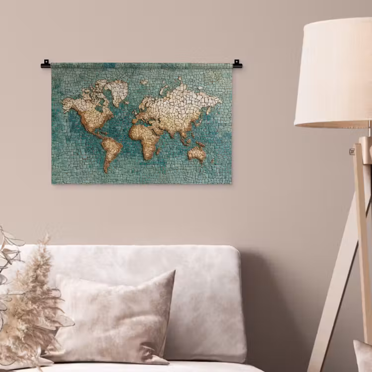 Wereldkaart - Gebroken tegels - Mozaïek Wandkleed katoen klein -sfeer4