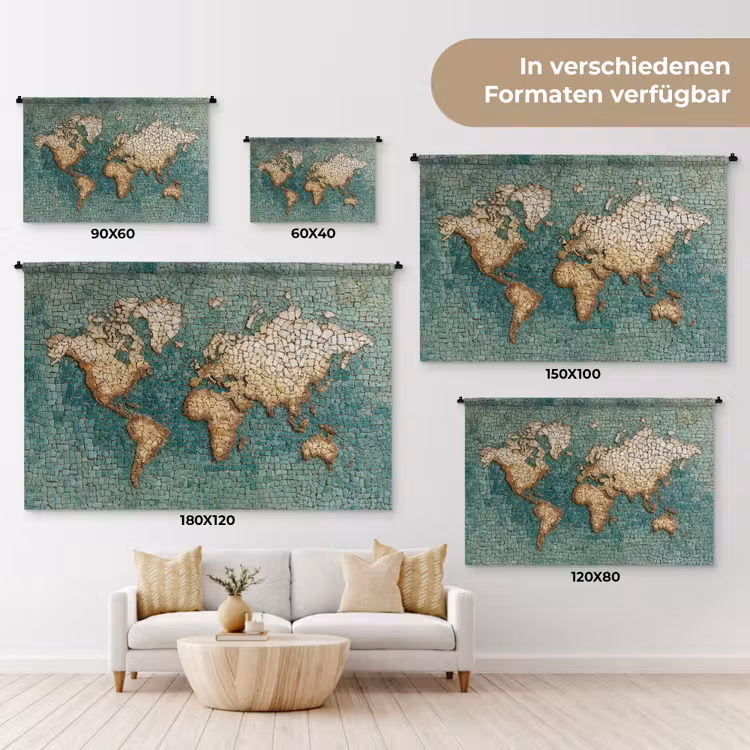 Wereldkaart - Gebroken tegels - Mozaïek Wandkleed katoen klein -tsfeer8_DE