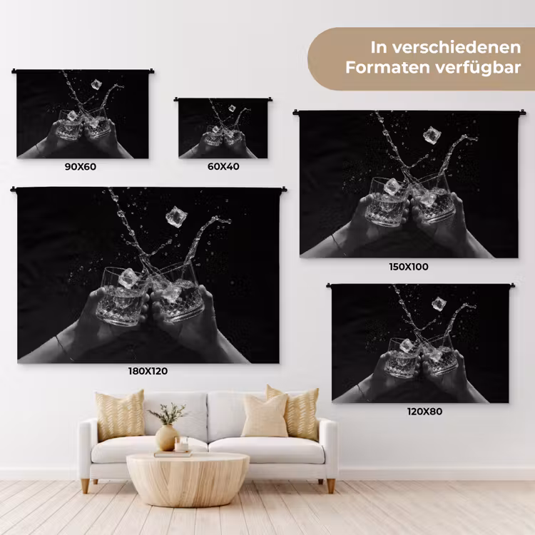 Whiskyglazen - Ijs - Spetters - Zwart Wandkleed katoen klein -tsfeer8_DE