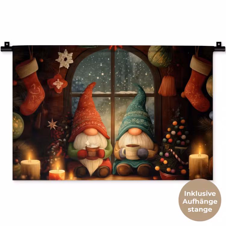 Gnooms - Kerst - Raam - Kleurrijk Wandkleed katoen klein -t3d_DE