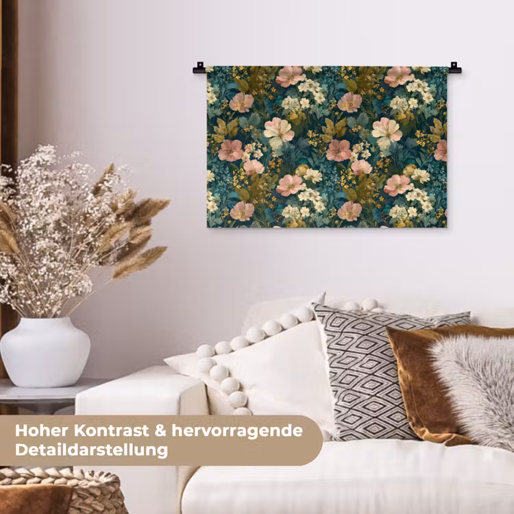 Wilde bloemen - Botanisch - Patroon - Roze - Romantisch Wandkleed katoen klein 269 -tsfeer1_DE