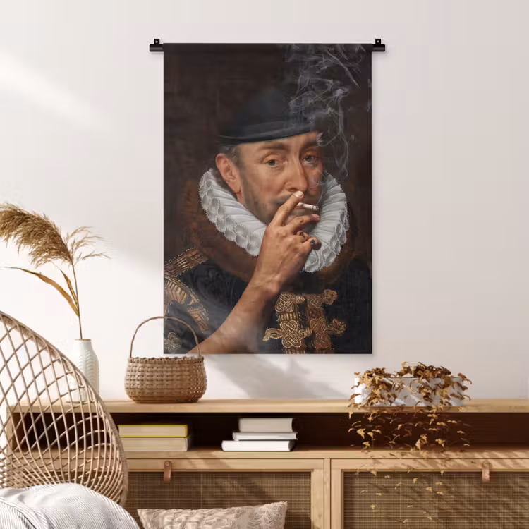 Willem van Oranje - Adriaen Thomasz - Sigaretten - Rook Wandkleed katoen klein -sfeer5