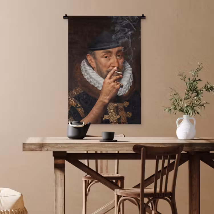 Willem van Oranje - Adriaen Thomasz - Sigaretten - Rook Wandkleed katoen klein -sfeer6
