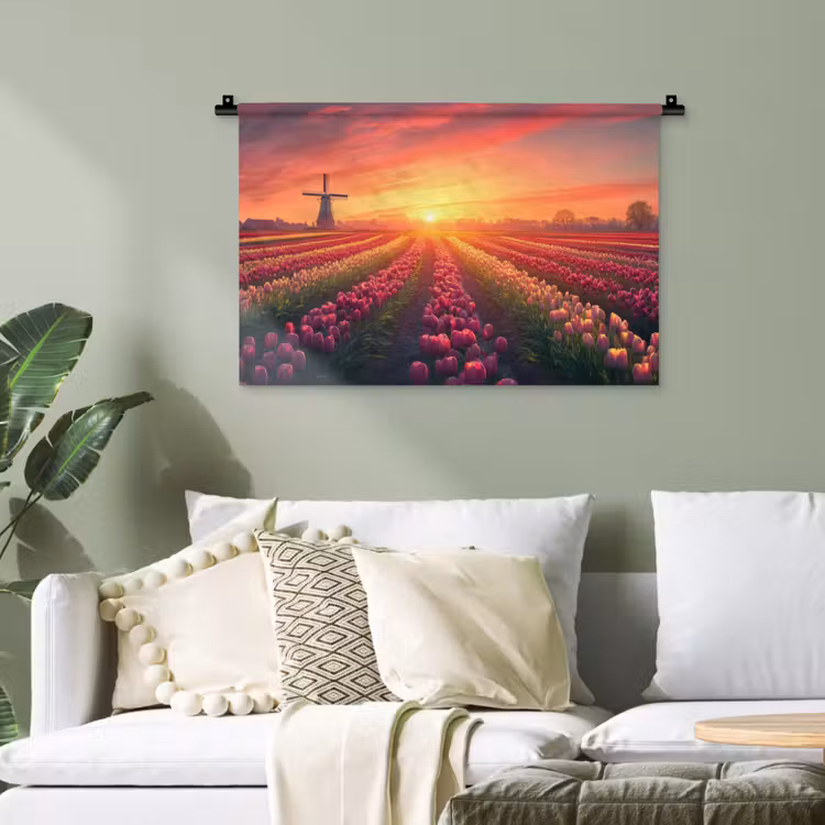 Windmolen - Zonsondergang - Landschap Wandkleed katoen klein -sfeer7