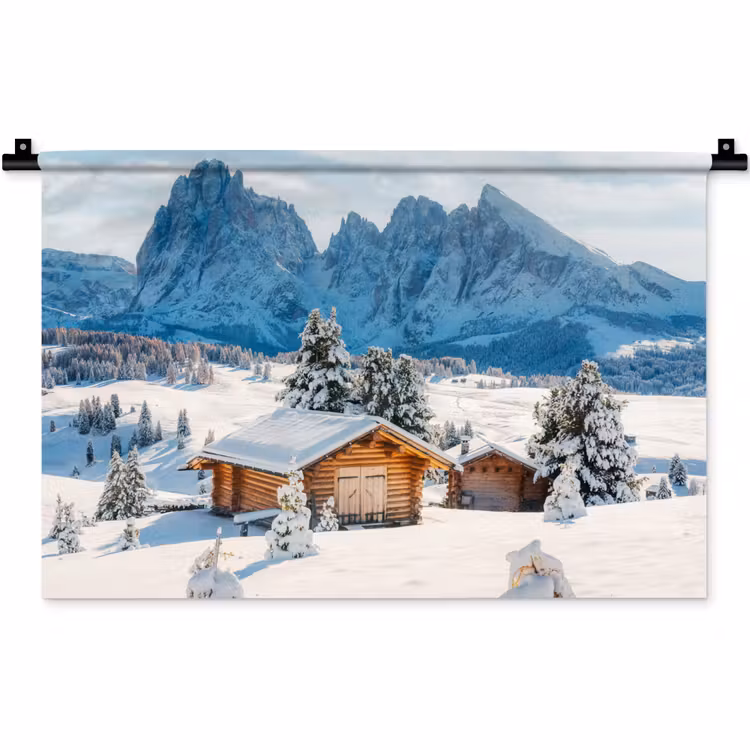 Winter - Huisje - Bergen - Uitzicht - Sneeuw Wandkleed katoen klein -zz3d