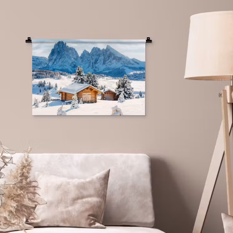 Winter - Huisje - Bergen - Uitzicht - Sneeuw Wandkleed katoen klein -sfeer4