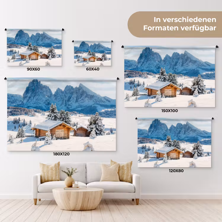 Winter - Huisje - Bergen - Uitzicht - Sneeuw Wandkleed katoen klein -tsfeer8_DE