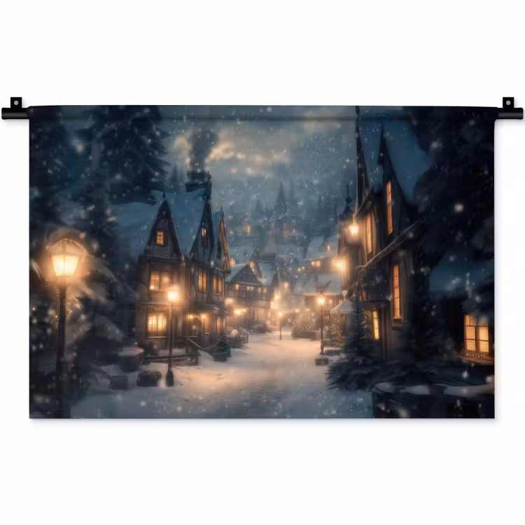 Winterdorp - Sneeuw - Donker Wandkleed katoen klein -zz3d