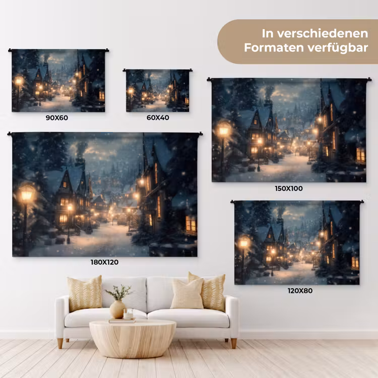 Winterdorp - Sneeuw - Donker Wandkleed katoen klein -tsfeer8_DE