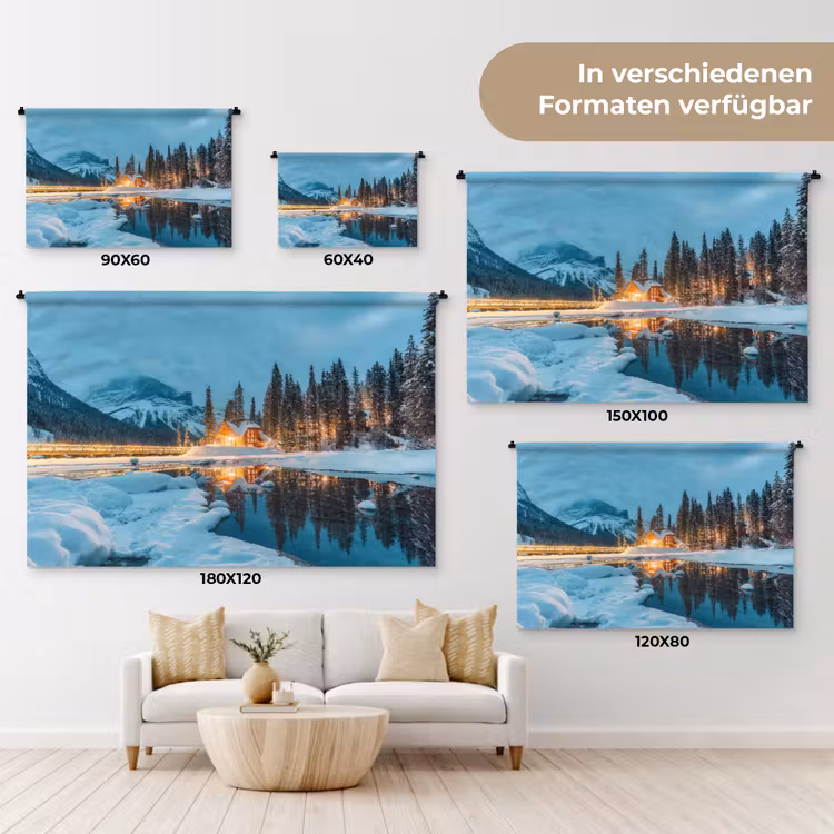 Winterlandschap - Natuur - Huis - Bergen - Sneeuw Wandkleed katoen klein -tsfeer8_DE