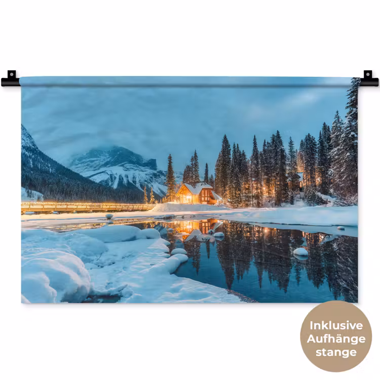 Winterlandschap - Natuur - Huis - Bergen - Sneeuw Wandkleed katoen klein -t3d_DE