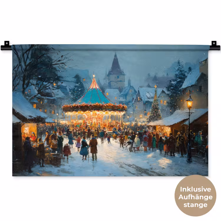 Winterkermis - Dorp - Kleurrijk Wandkleed katoen klein -t3d_DE