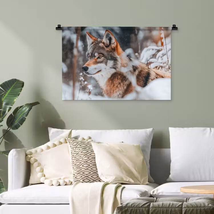Wolf - Sneeuw - Winter - Dieren - Natuur - Sneeuw Wandkleed katoen klein -sfeer7