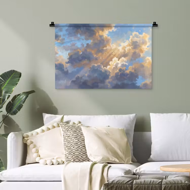 Wolken - Zonnestralen - Natuur - Abstract - Blauw Wandkleed katoen klein -sfeer7