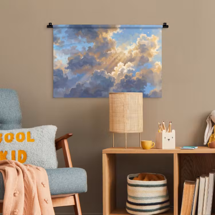 Wolken - Zonnestralen - Natuur - Abstract - Blauw Wandkleed katoen klein -wsfeer4_kind