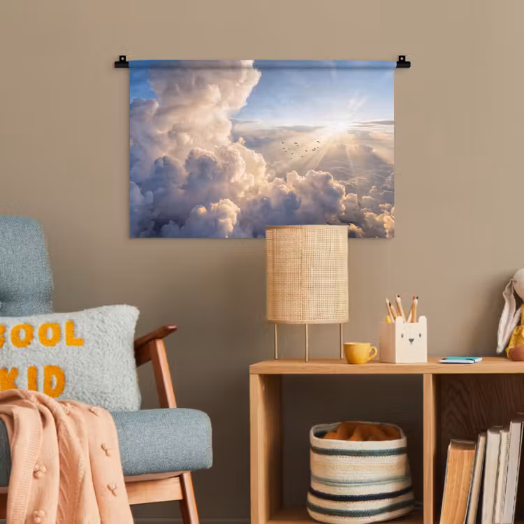 Wolken - Zonnestralen - Natuur - Wit Wandkleed katoen klein -wsfeer4_kind