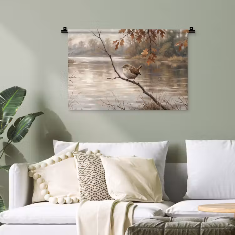 Winterkoninkje - Tak - Rivier - Natuur - Sfeervol Wandkleed katoen klein -sfeer7