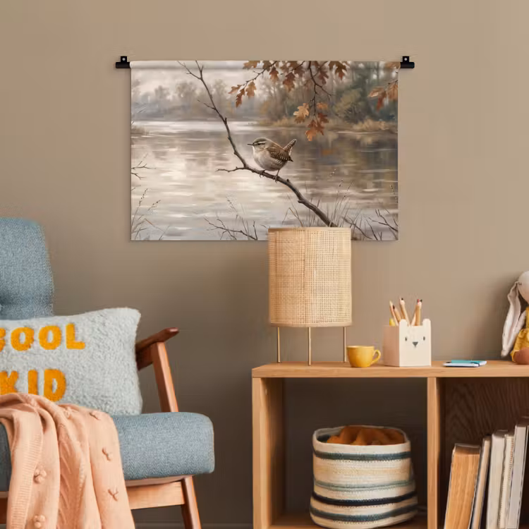 Winterkoninkje - Tak - Rivier - Natuur - Sfeervol Wandkleed katoen klein -wsfeer4_kind