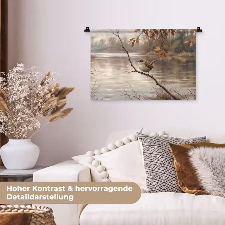 Winterkoninkje - Tak - Rivier - Natuur - Sfeervol Wandkleed katoen klein -tsfeer1_DE
