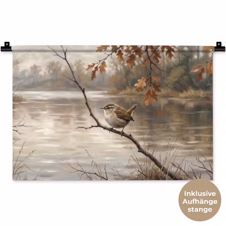 Winterkoninkje - Tak - Rivier - Natuur - Sfeervol Wandkleed katoen klein -t3d_DE