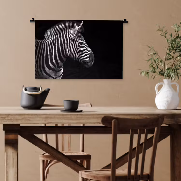 Zebra - Zwart - Wit - Portret - Dieren Wandkleed katoen klein -sfeer6