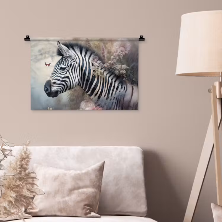 Zebra - Wilde dieren - Vlinder - Bloemen Wandkleed katoen klein -sfeer4