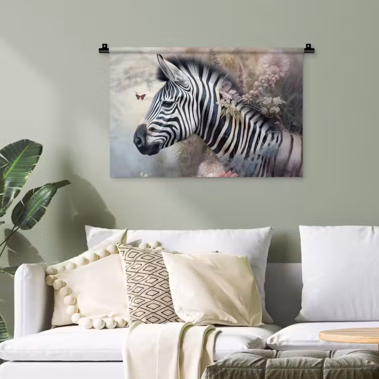 Zebra - Wilde dieren - Vlinder - Bloemen Wandkleed katoen klein -sfeer7
