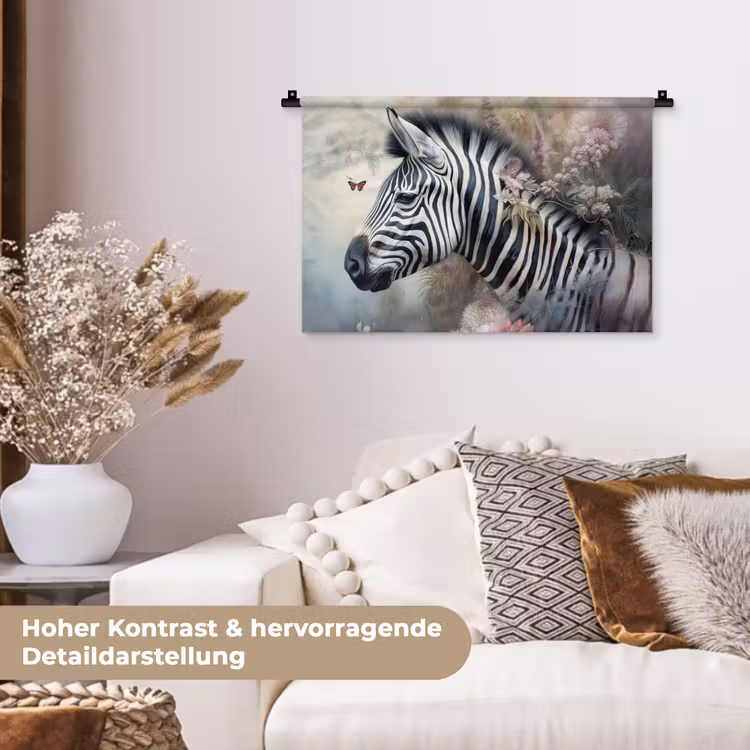 Zebra - Wilde dieren - Vlinder - Bloemen Wandkleed katoen klein -tsfeer1_DE