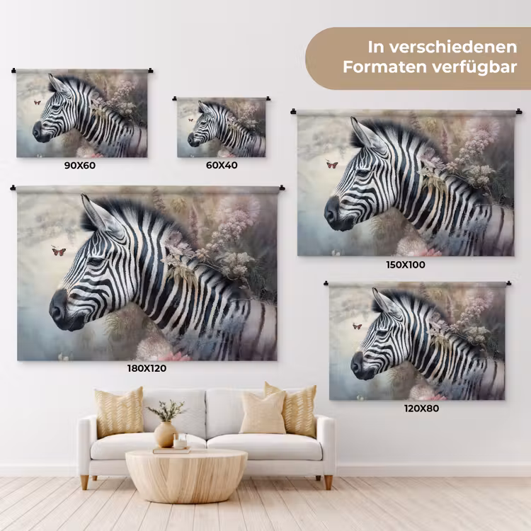 Zebra - Wilde dieren - Vlinder - Bloemen Wandkleed katoen klein -tsfeer8_DE