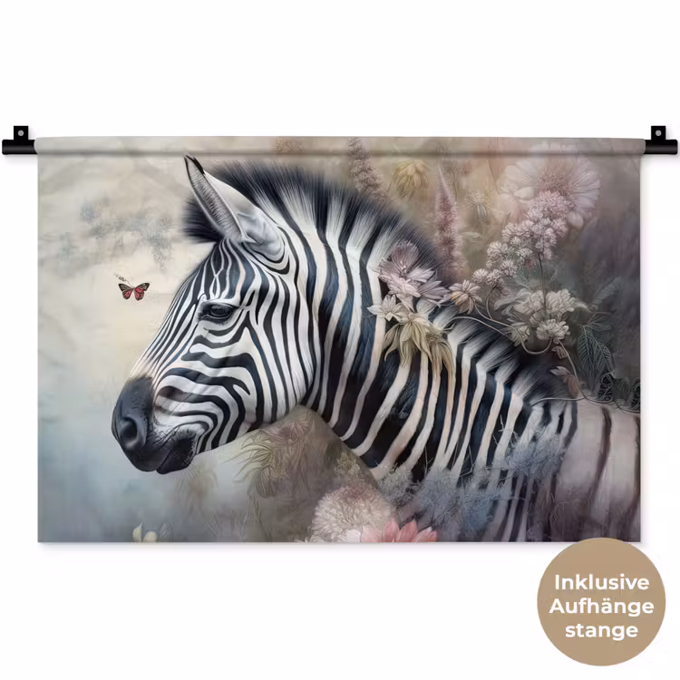 Zebra - Wilde dieren - Vlinder - Bloemen Wandkleed katoen klein -t3d_DE