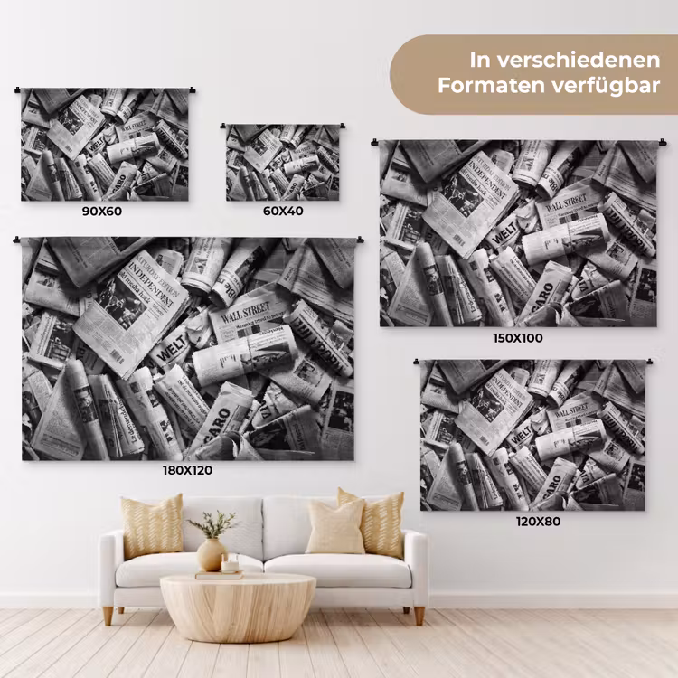 Krant - Stapel - Nieuws - Zwart-wit Wandkleed katoen klein -tsfeer8_DE