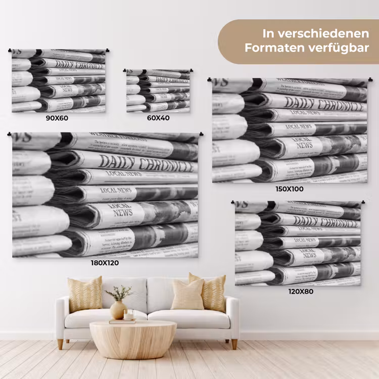 Krant - Stapel - Nieuws - Zwart-wit - Media Wandkleed katoen klein -tsfeer8_DE