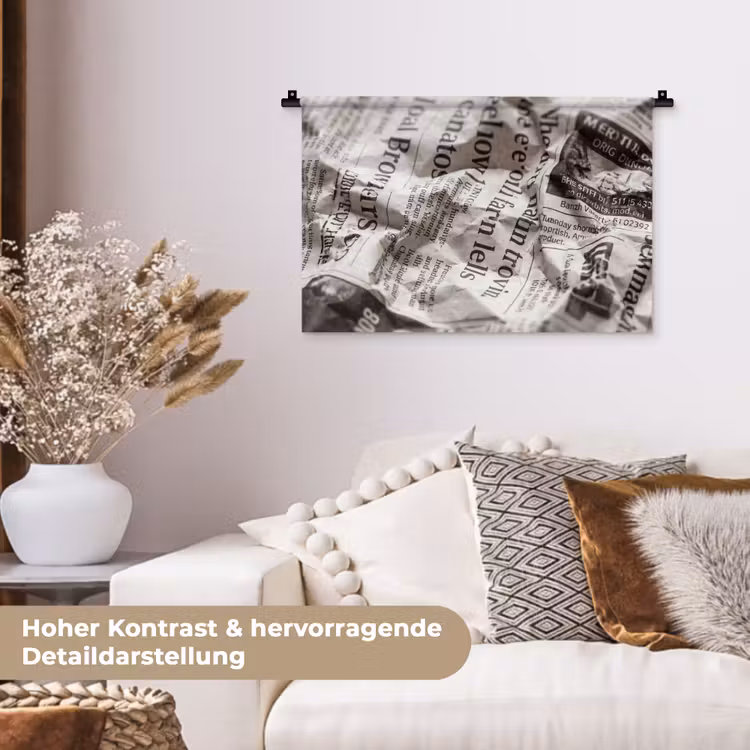 Krant - Gekreukeld - Textuur - Vintage - Zwart-wit Wandkleed katoen klein -tsfeer1_DE