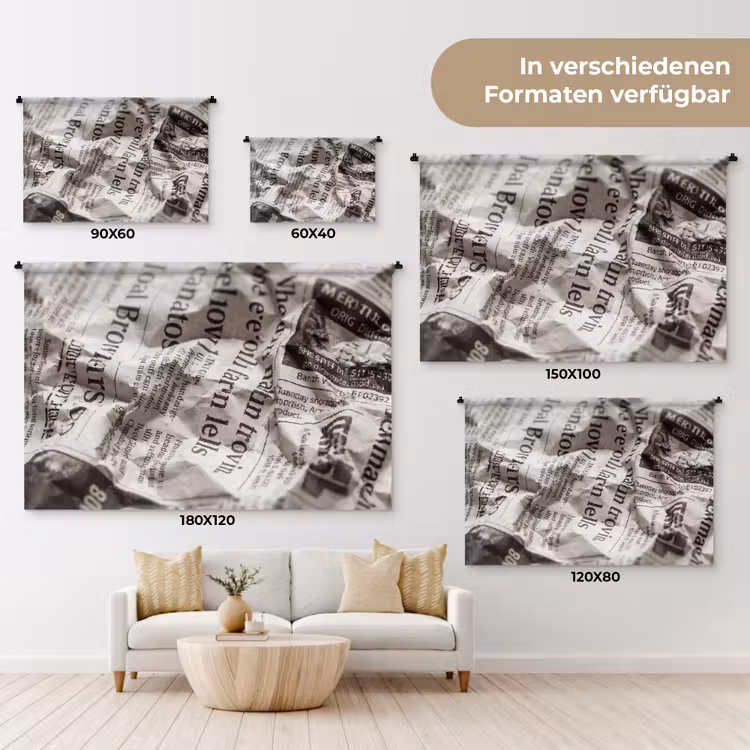 Krant - Gekreukeld - Textuur - Vintage - Zwart-wit Wandkleed katoen klein -tsfeer8_DE